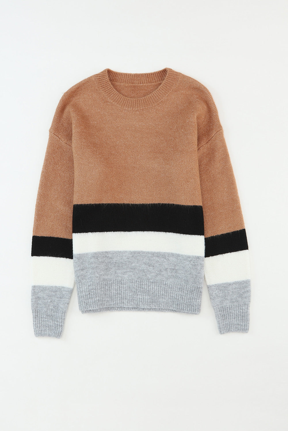 Brown Color Block Striped Ribbed Knit Sweater Sweaters JT's Designer Fashion