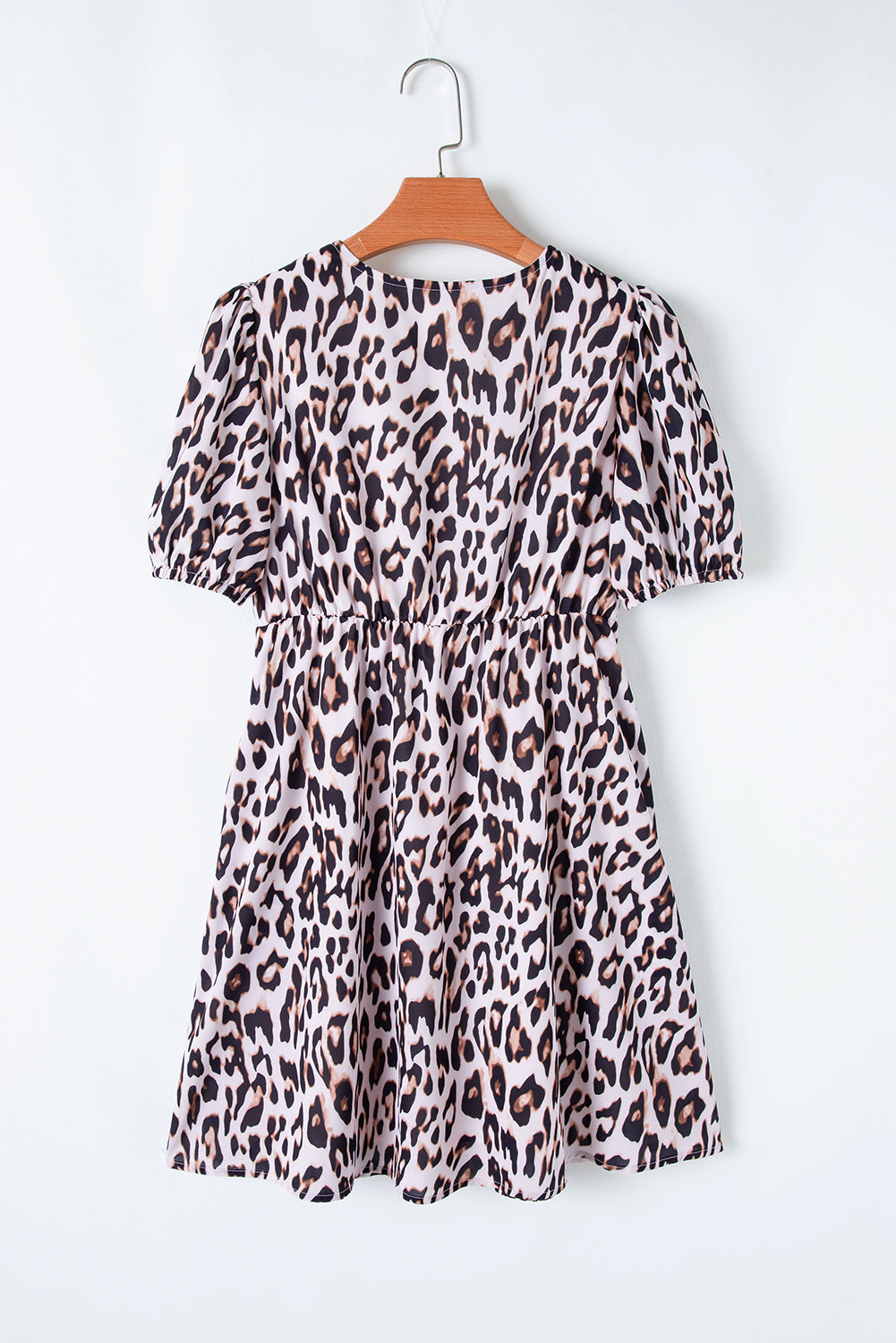 Brown Leopard Tied Front Keyhole Puff Short Sleeve Mini Dress Mini Dresses JT's Designer Fashion