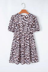 Brown Leopard Tied Front Keyhole Puff Short Sleeve Mini Dress Mini Dresses JT's Designer Fashion