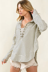 White Striped Thumbhole Drop Shoulder V Neck Top Long Sleeve Tops JT's Designer Fashion