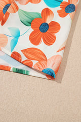 Orange Contrast Trim Floral Split Neck Puff Short Sleeve Tiered Mini Dress Floral Dresses JT's Designer Fashion