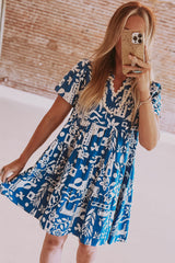 Blue Ricrac Trim Split Neck Floral Loose Dress Floral Dresses JT's Designer Fashion