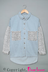 Sky Blue Contrast Leopard Denim Jacket Denim Jackets JT's Designer Fashion