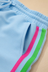Beau Blue Striped Detail Flutter Sleeve Zipped Collar Short Set Short Sets JT's Designer Fashion