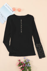 Black Crochet Lace Hem Sleeve Button Top Long Sleeve Tops JT's Designer Fashion