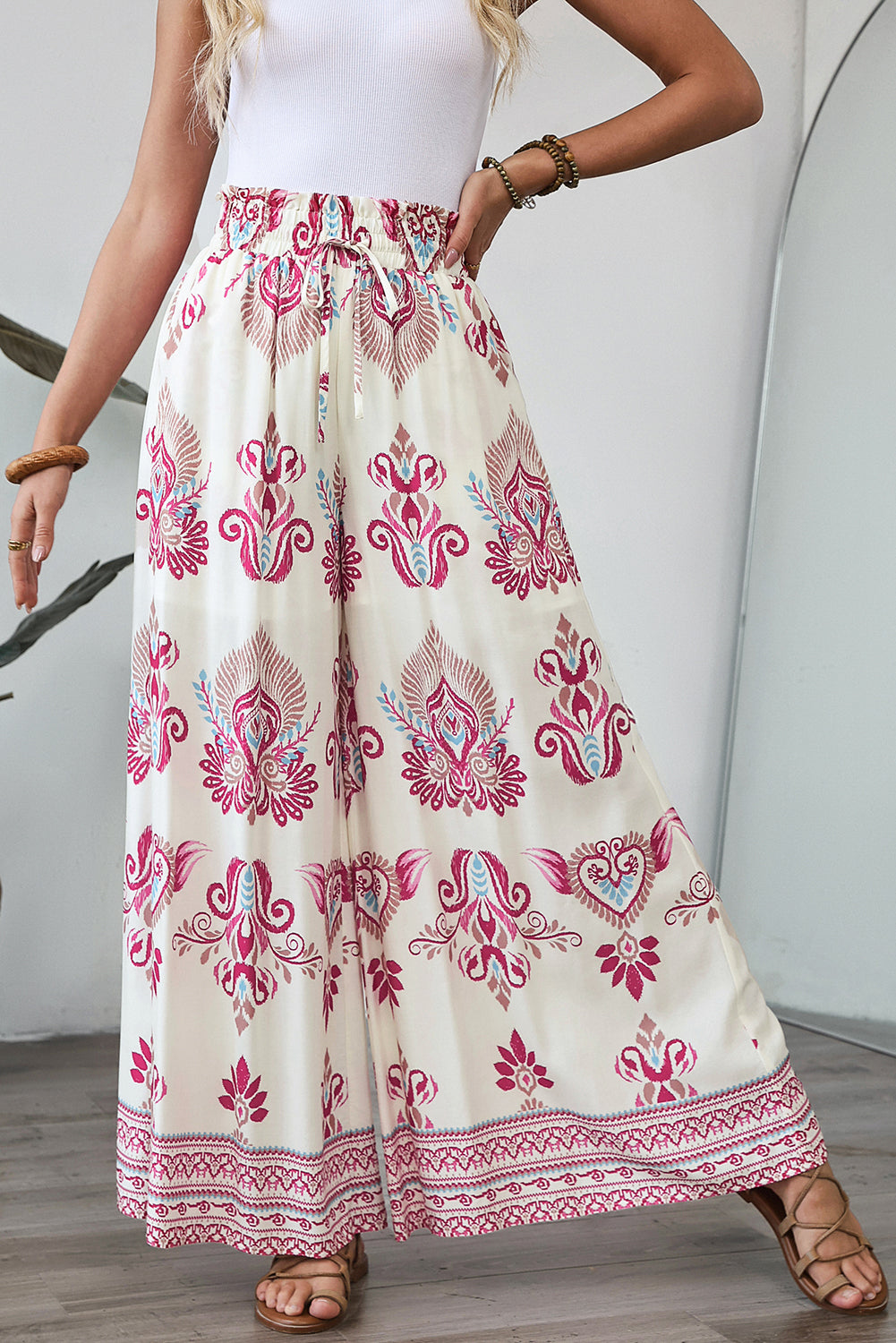 Rose Boho Printed Shirred High Waist Flowy Wide Leg Pants Pants & Culotte JT's Designer Fashion
