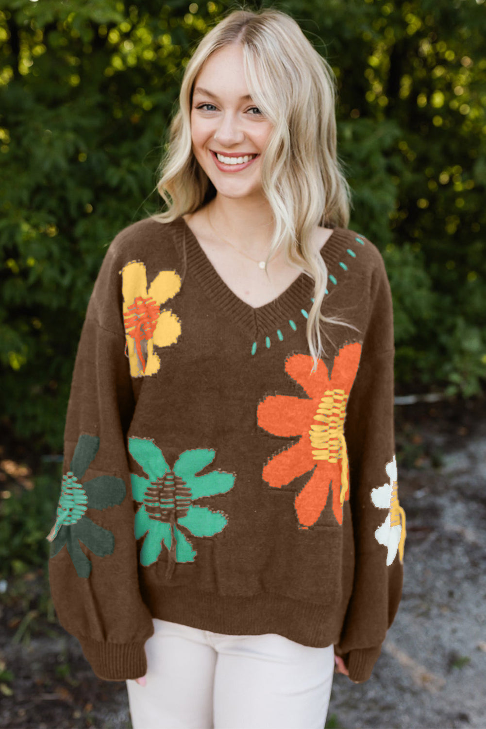 Coffee Big Flower Pattern V Neck Drop Shoulder Sweater Sweaters JT's Designer Fashion