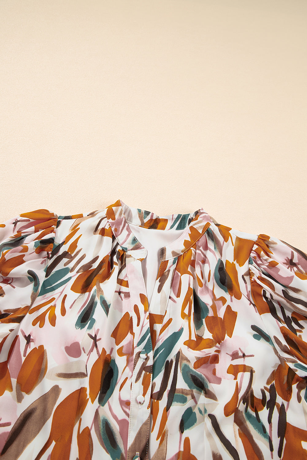 Brown Abstract Printed Puff Sleeve Button Up Braided Belt Mini Dress Mini Dresses JT's Designer Fashion