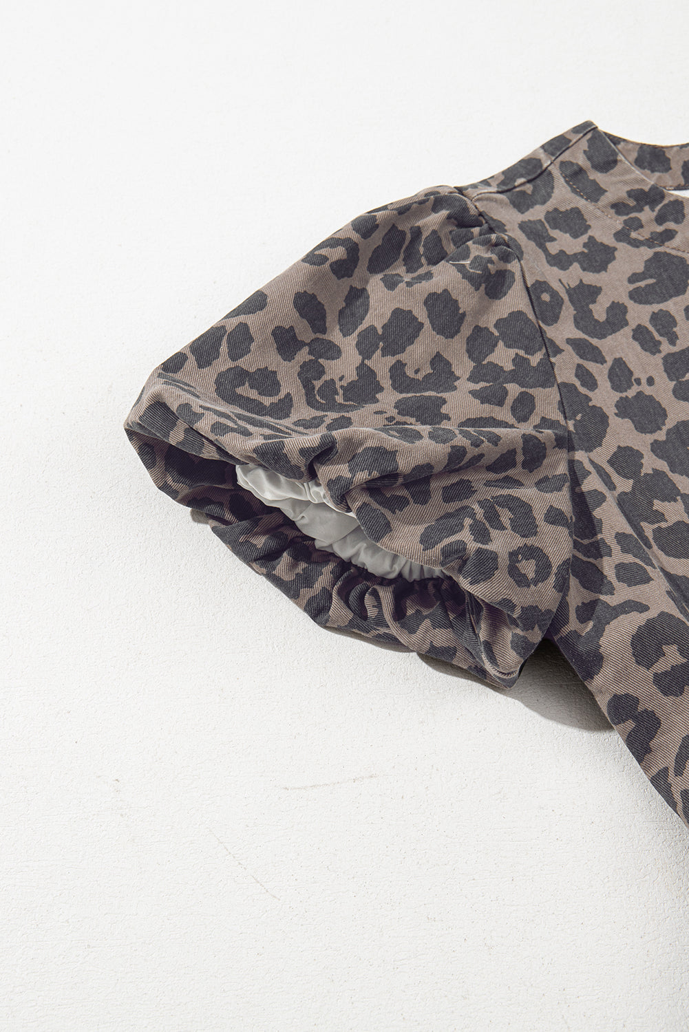 Brown Denim Leopard Printed Short Puff Sleeve Mini Dress Mini Dresses JT's Designer Fashion