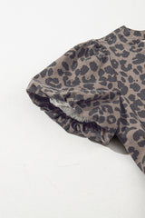 Brown Denim Leopard Printed Short Puff Sleeve Mini Dress Mini Dresses JT's Designer Fashion