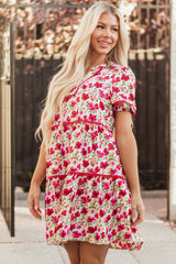 Red Floral Puff Sleeve Tiered Ric Rac Pocketed Mini Dress Floral Dresses JT's Designer Fashion