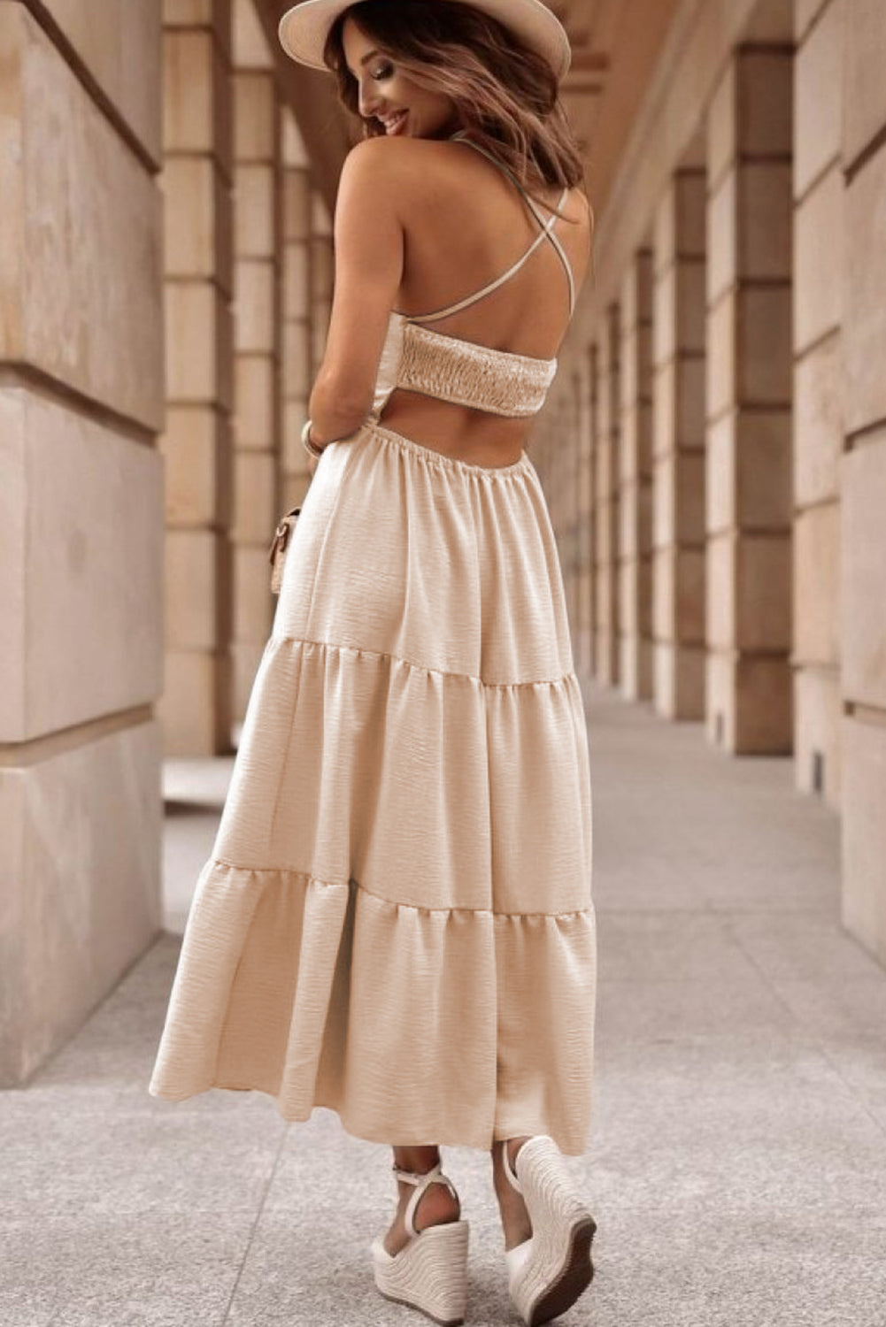 Oatmeal Crossover Backless Bodice Tiered Maxi Dress Dresses JT's Designer Fashion