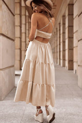 Oatmeal Crossover Backless Bodice Tiered Maxi Dress Dresses JT's Designer Fashion
