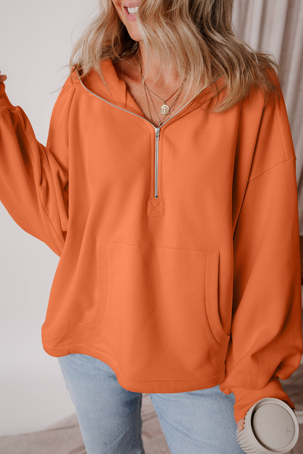 Orange Fleece Lined Half Zipper Kangaroo Pockets Loose Hoodie Sweatshirts & Hoodies JT's Designer Fashion