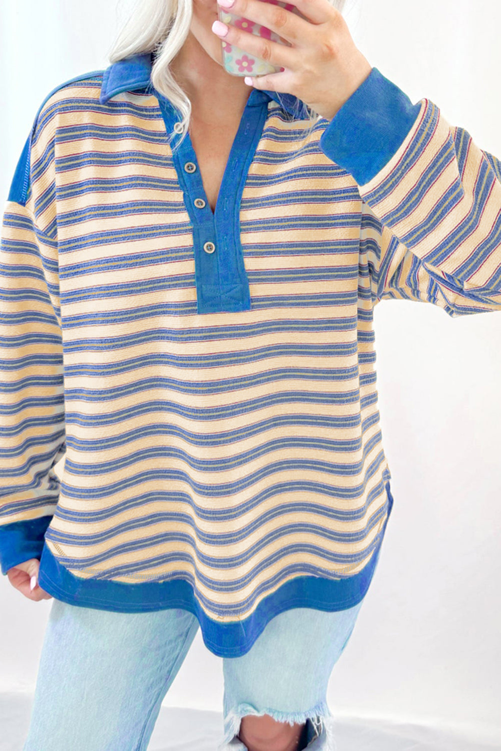 Blue Stripe Buttoned V Neck Collared Drop Shoulder Top Long Sleeve Tops JT's Designer Fashion