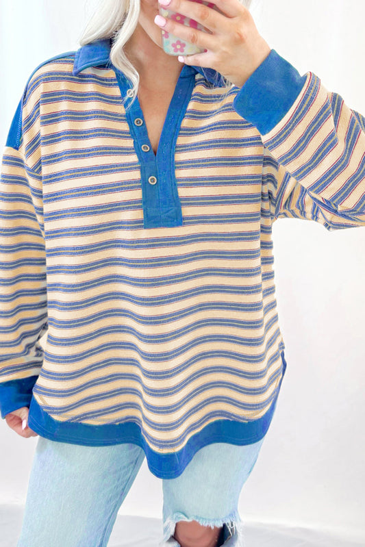 Blue Stripe Buttoned V Neck Collared Drop Shoulder Top Long Sleeve Tops JT's Designer Fashion