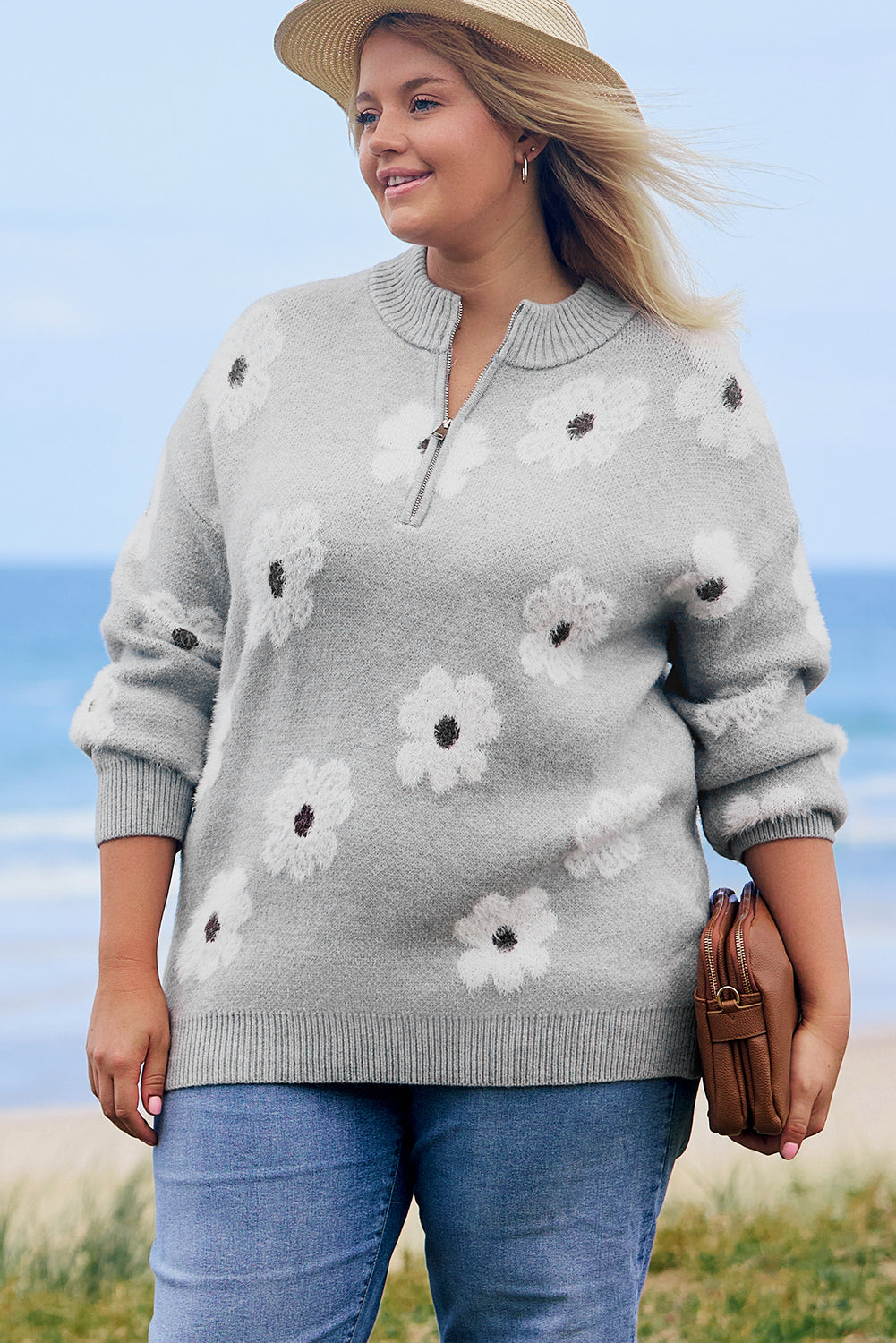 Gray Plus Size Embroidered Floral Pattern Half Zip Sweater Plus Size Sweaters & Cardigans JT's Designer Fashion