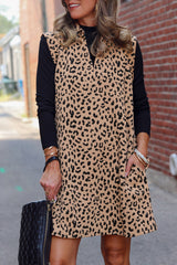 Khaki Leopard Print V Neck Sleeveless Collared Mini Dress Mini Dresses JT's Designer Fashion