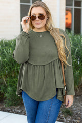 Mist Green Plus Size Thermal Knitted Babydoll Flare Top Plus Size Long Sleeve Tops JT's Designer Fashion