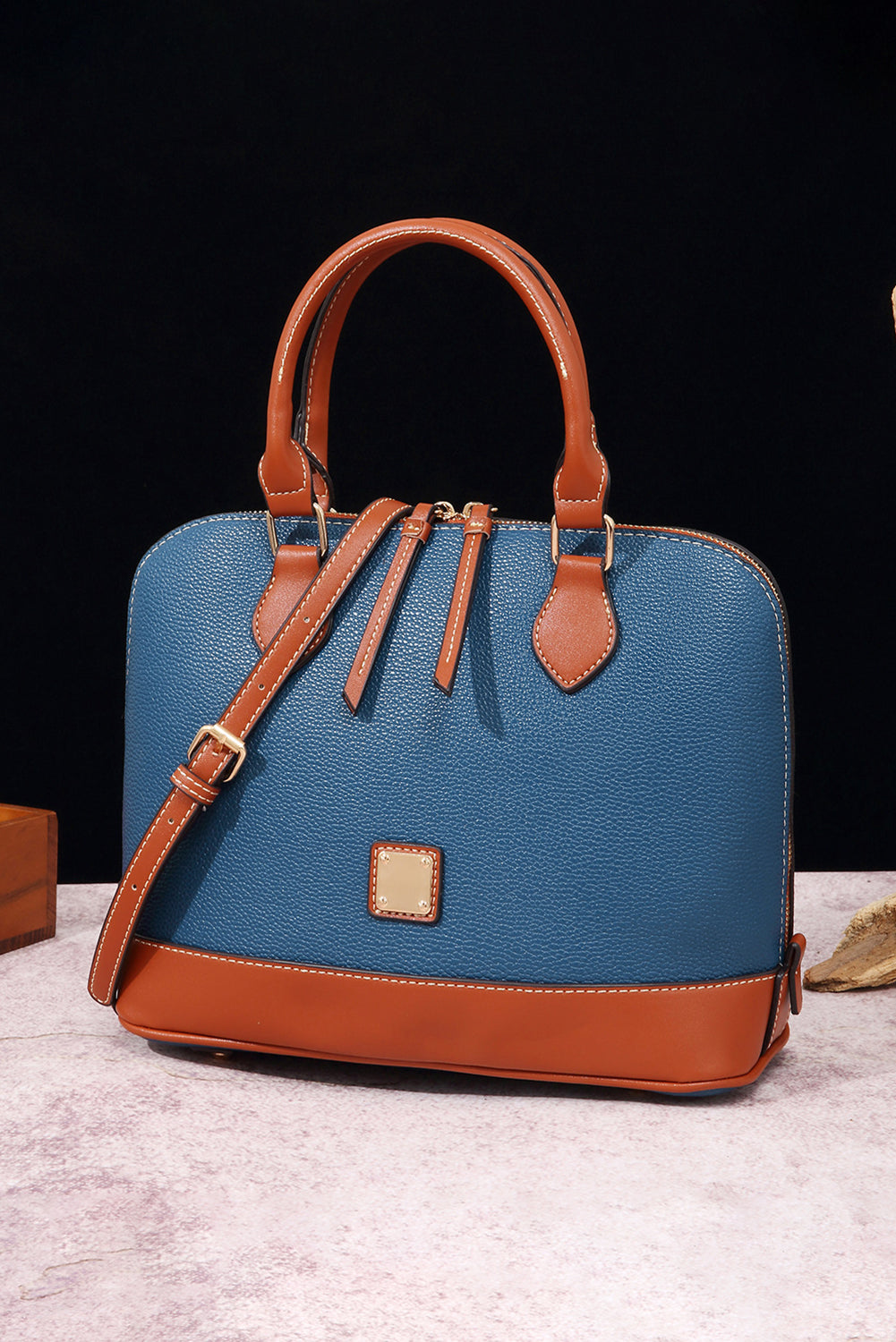 Ashleigh Blue Color Contrast PU Leather Zipper Tote Bag Handbags JT's Designer Fashion