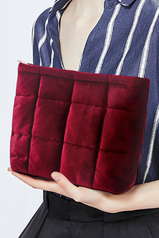 Burgundy Quilted Velour Zipper Cosmetic Organize Pouch Makeup Bags JT's Designer Fashion