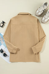 Light French Beige Solid Frilled Flap Pocket Button Up Corduroy Shacket Jackets JT's Designer Fashion
