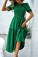Dark Green Solid Textured Smocked Puff Short Sleeve High Waist Long Dress Dresses JT's Designer Fashion