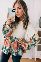 Jet Stream Paisley Geometric Patchwork Crew Neck Loose Fit Top Long Sleeve Tops JT's Designer Fashion