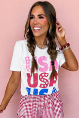 White USA Starry Letter Graphic Cotton Blend T Shirt Graphic Tees JT's Designer Fashion