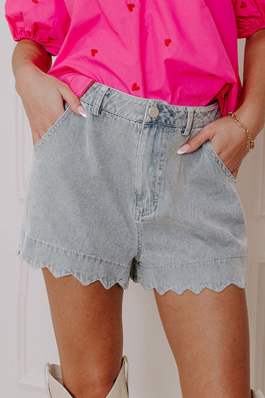 Dusk Blue Scalloped Hemline Acid Wash High Waist Denim Shorts Dusk Blue 72%Cotton+26%Polyester+2%Elastane Denim Shorts JT's Designer Fashion