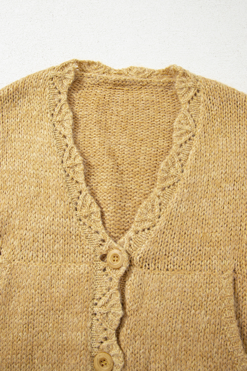 Light French Beige Lantern Sleeve Scallop V Neck Buttoned Front Cardigan Cardigans JT's Designer Fashion