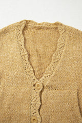 Light French Beige Lantern Sleeve Scallop V Neck Buttoned Front Cardigan Cardigans JT's Designer Fashion