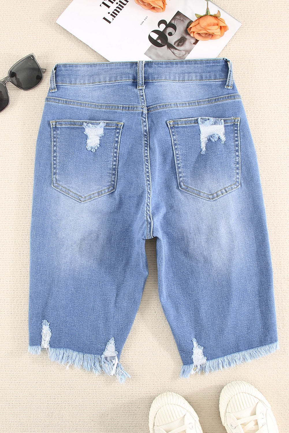 Sky Blue Ripped Tassel Bermuda Denim Shorts Denim Shorts JT's Designer Fashion