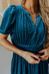 Prussian Blue Velvet Short Sleeve Shirred Waist Tiered Long Dress Maxi Dresses JT's Designer Fashion