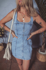 Beau Blue Seamed Zipper Square Neck Sleeveless Denim Mini Dress Mini Dresses JT's Designer Fashion