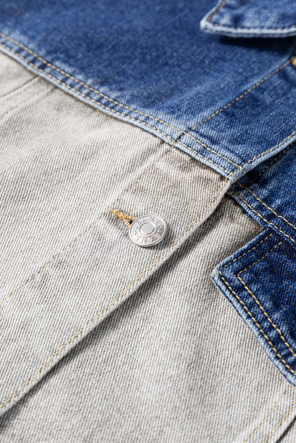 Dusk Blue Color Block Patchwork Flap Detail Distress Denim Jacket Denim Jackets JT's Designer Fashion