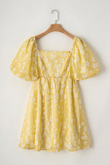 Yellow Boho Flower Jacquard Puff Sleeve Square Neck Mini Dress Floral Dresses JT's Designer Fashion