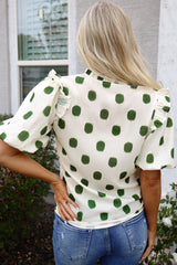 Apricot Polka Dot Print Shirred Yoke Notched Neck Balloon Sleeve Blouse Blouses & Shirts JT's Designer Fashion