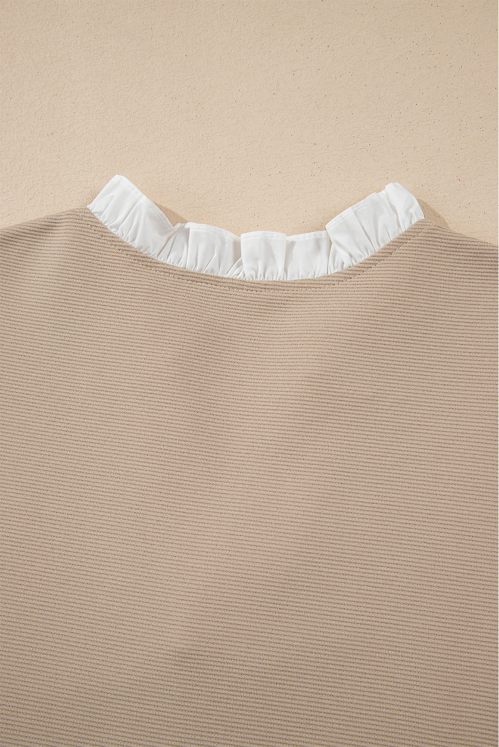 Pale Khaki Contrast V Neck Ruffled Textured Knit Top Blouses & Shirts JT's Designer Fashion