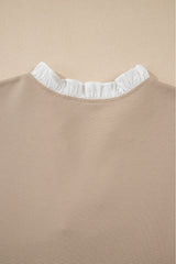 Pale Khaki Contrast V Neck Ruffled Textured Knit Top Blouses & Shirts JT's Designer Fashion