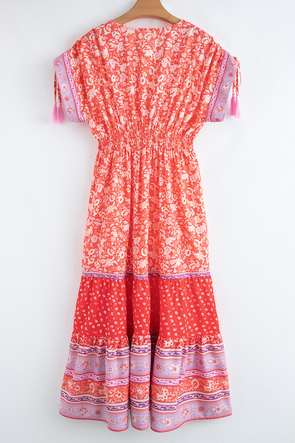 Red Floral Print Tasseled Tied Sleeve Empire Waist Maxi Dress Floral Dresses JT's Designer Fashion