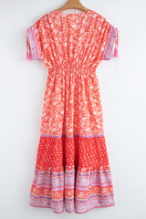 Red Floral Print Tasseled Tied Sleeve Empire Waist Maxi Dress Floral Dresses JT's Designer Fashion