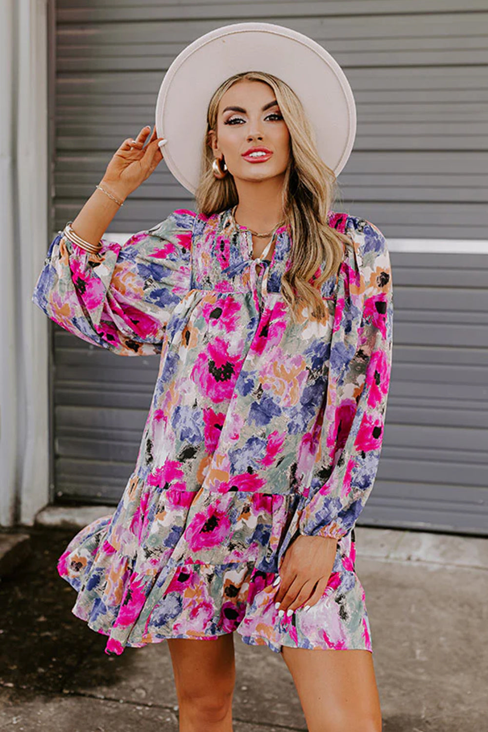 Multicolour Floral Tie Neck Bubble Sleeve Shift Dress Floral Dresses JT's Designer Fashion