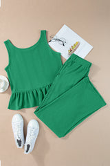 Green Solid Color Ribbed Ruffle Tank Top and Pants Set Pant Sets JT's Designer Fashion