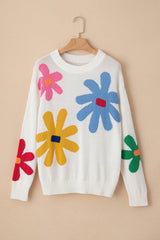 White Colorful Big Flower Pattern Crewneck Sweater Sweaters JT's Designer Fashion