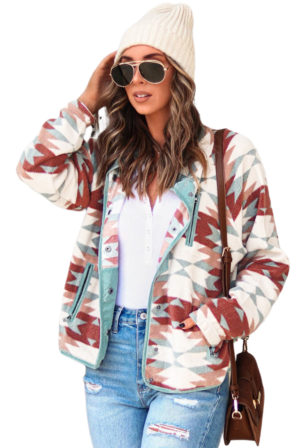 Fiery Red Western Aztec Buttoned Zipper Pockets Fleece Jacket Jackets JT's Designer Fashion