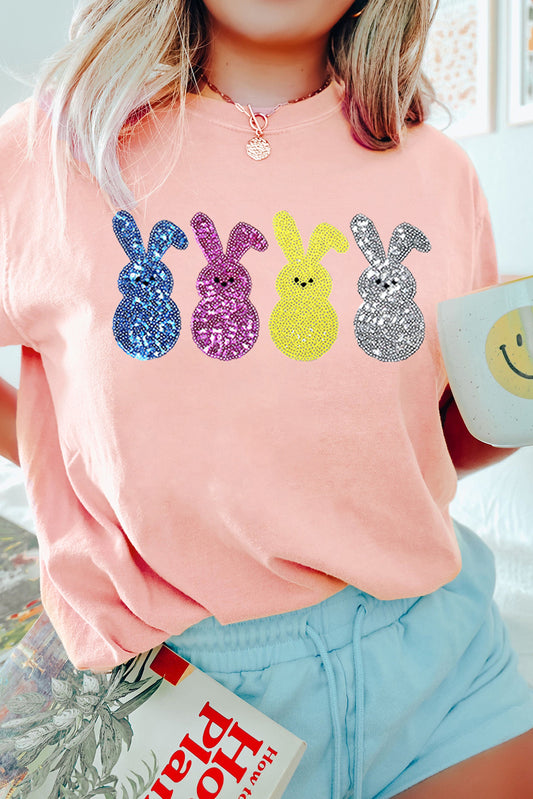 Pink Sequin Cute Bunny Graphic Easter Fashion Tee Graphic Tees JT's Designer Fashion