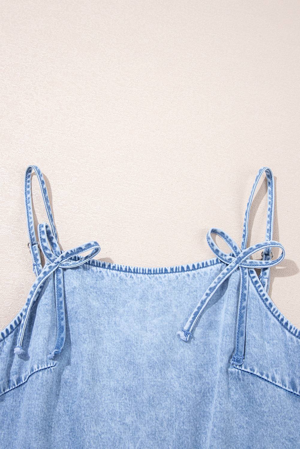 Beau Blue Bow Detail Spaghetti Straps Ruffle Hem Denim Short Dress Mini Dresses JT's Designer Fashion