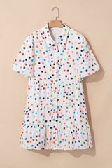 White Polka Dot Print Bubble Sleeve Button Up Plus Size Shirt Dress Plus Size Mini Dresses JT's Designer Fashion