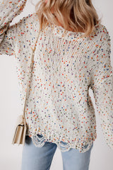 White Colorful Confetti Distressed Knit Sweater Sweaters JT's Designer Fashion